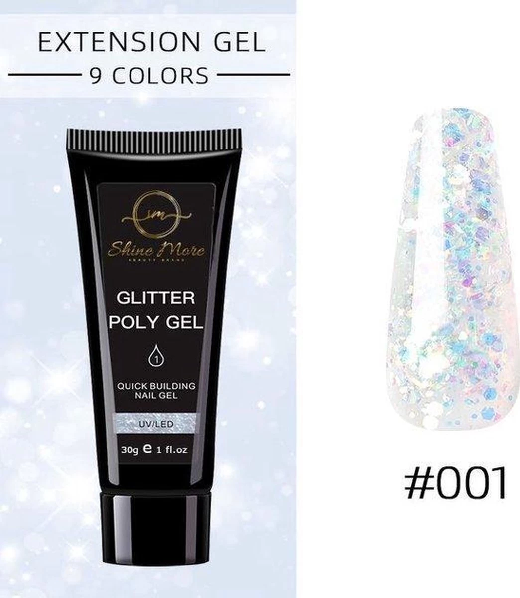 Shinemore ® Poly Gel Kit - Gellak Starters Pakket Incl. UV Nageldroger - 3 Kleuren Polygel - Nageltips - Top & Base Coat - Nageldroger - Poly Acryl Nagels - Polygel Set - White Glitter , Pink Glitter , Blue Glitter - Afbeelding 3