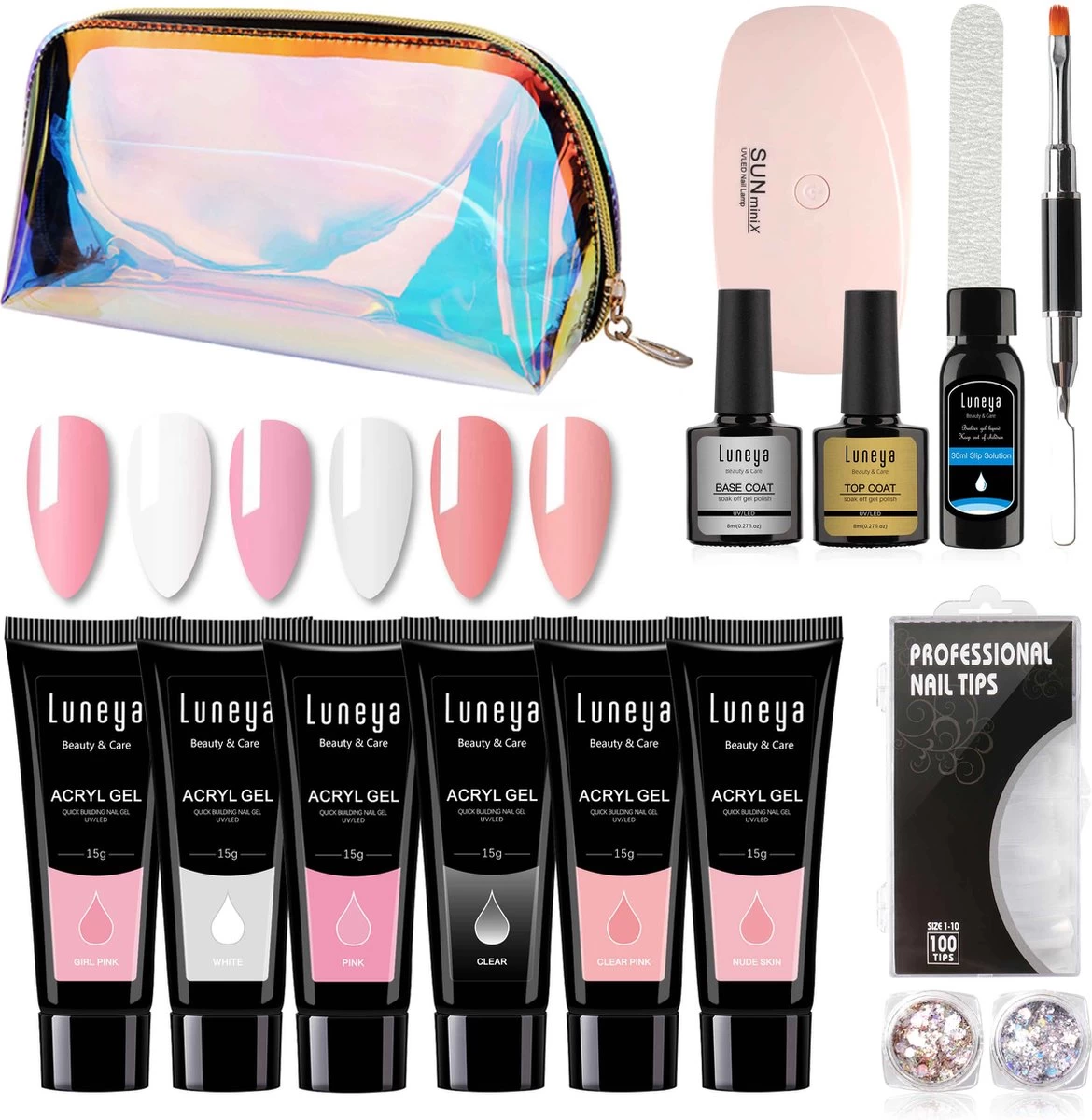 Luneya Polygel Kit - 6 Kleuren - Polygel Nagels Starterspakket - Tasje - Incl. UV LED Lamp