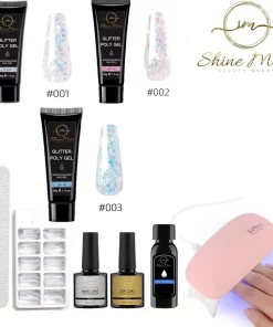 Shinemore ® Poly Gel Kit - Gellak Starters Pakket Incl. UV Nageldroger - 3 Kleuren Polygel - Nageltips - Top & Base Coat - Nageldroger - Poly Acryl Nagels - Polygel Set - White Glitter , Pink Glitter , Blue Glitter