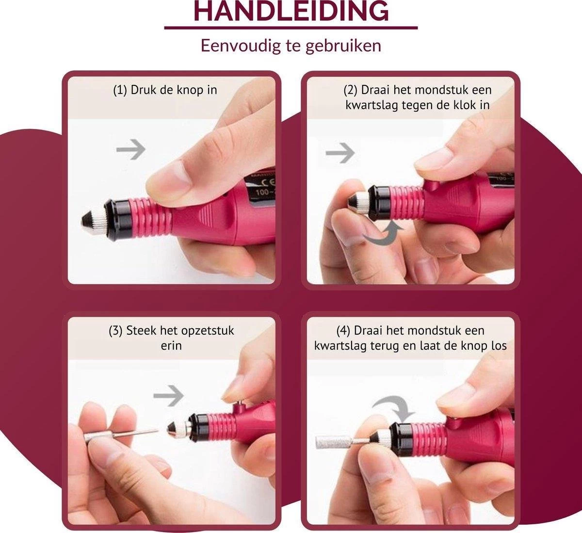 Royala - Manicure & Pedicure Set Elektrische Nagelvijl Nagelfrees - Nail Drill - Geschikt Voor Natuurlijke Nagels - Nepnagels - Gellak - Gelnagels - Acrylnagels - 6 Opzetstukken - Rood - Afbeelding 10