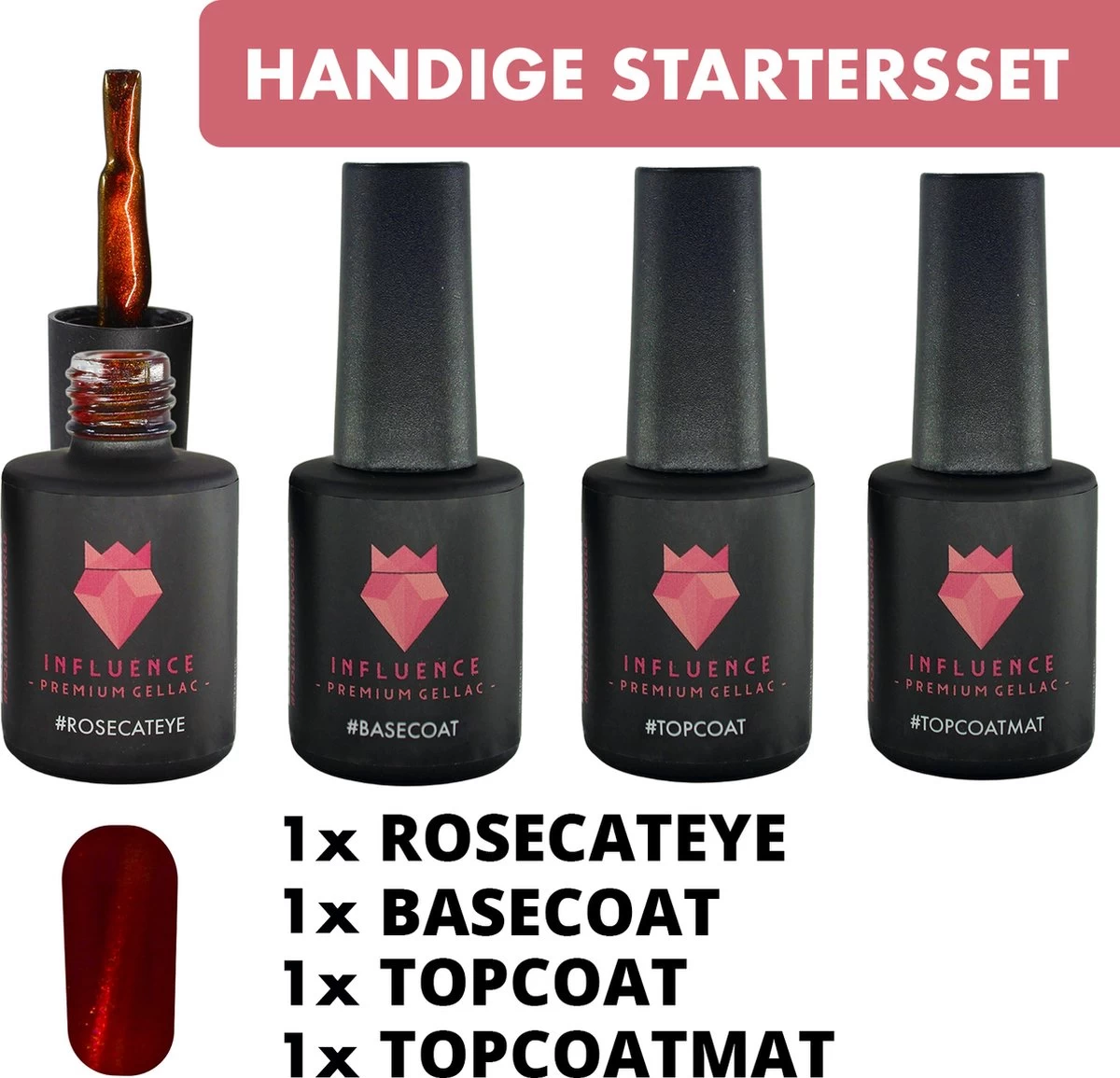 #ROSECATEYESERIE - Influence Gellac - Gellak - Gellak Paars UV - UV Gellak - Gel Nagellak - Basecoat - Topcoat - Topcoatmat - No Wipe - Startersset - Kado Vrouw - Valentijns Cadeau - Kado Voor Haar - 4 X 10 Ml - Magneet