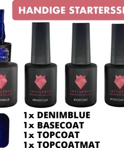 #DENIMBLUESERIE - Influence Gellac - Blauwe Gellak - Gellak Blauw UV - UV Gellak - Gel Nagellak - Basecoat - Topcoat - Topcoatmat - No Wipe - Startersset - Kado Vrouw - Valentijns Cadeau - Kado Voor Haar - 4 X 10 Ml