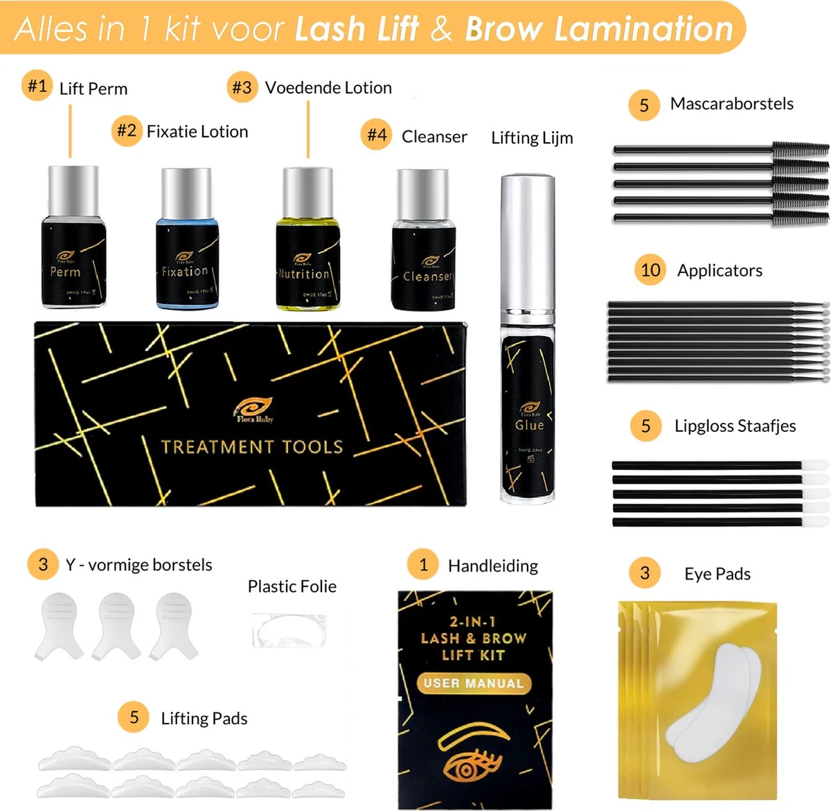 Flora Ruby Professionele 2 In 1 Lash Lift & Brow Lamination Kit - Wimper & Wenkbrauw Lifting Set - Permanente Wimperkruller - Brow Soap - Afbeelding 3