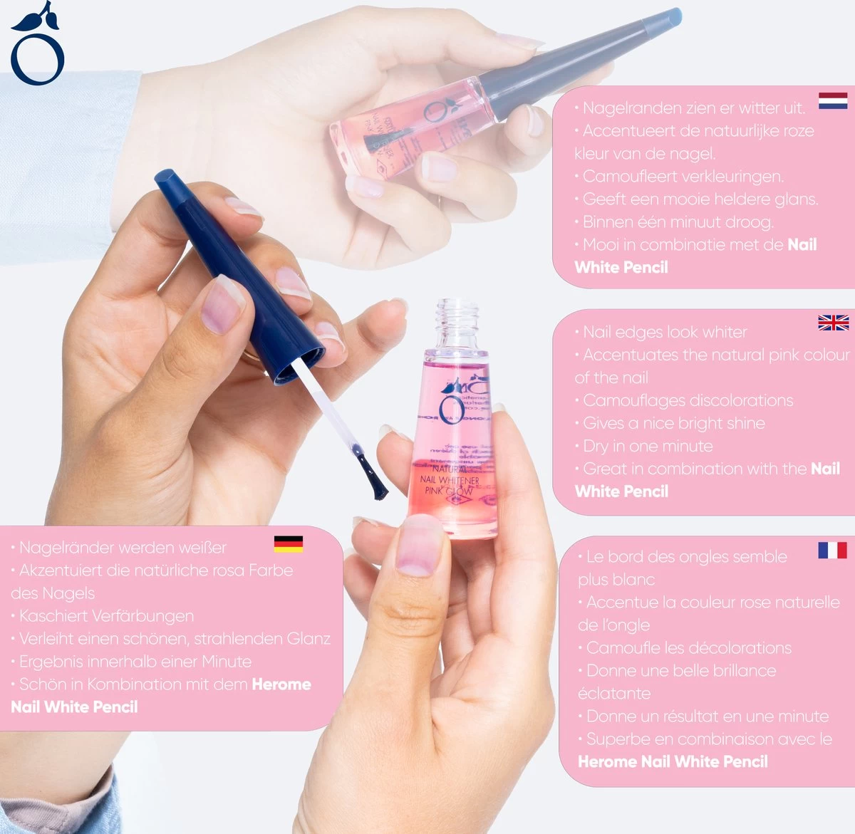 Herome Natural Nail Whitener Pink Glow - Accentueert De Natuurlijke Roze Kleur Van De Nagel - Maakt Nagelranden Witter - Camoufleert Verkleuringen - 10ml. - Afbeelding 3