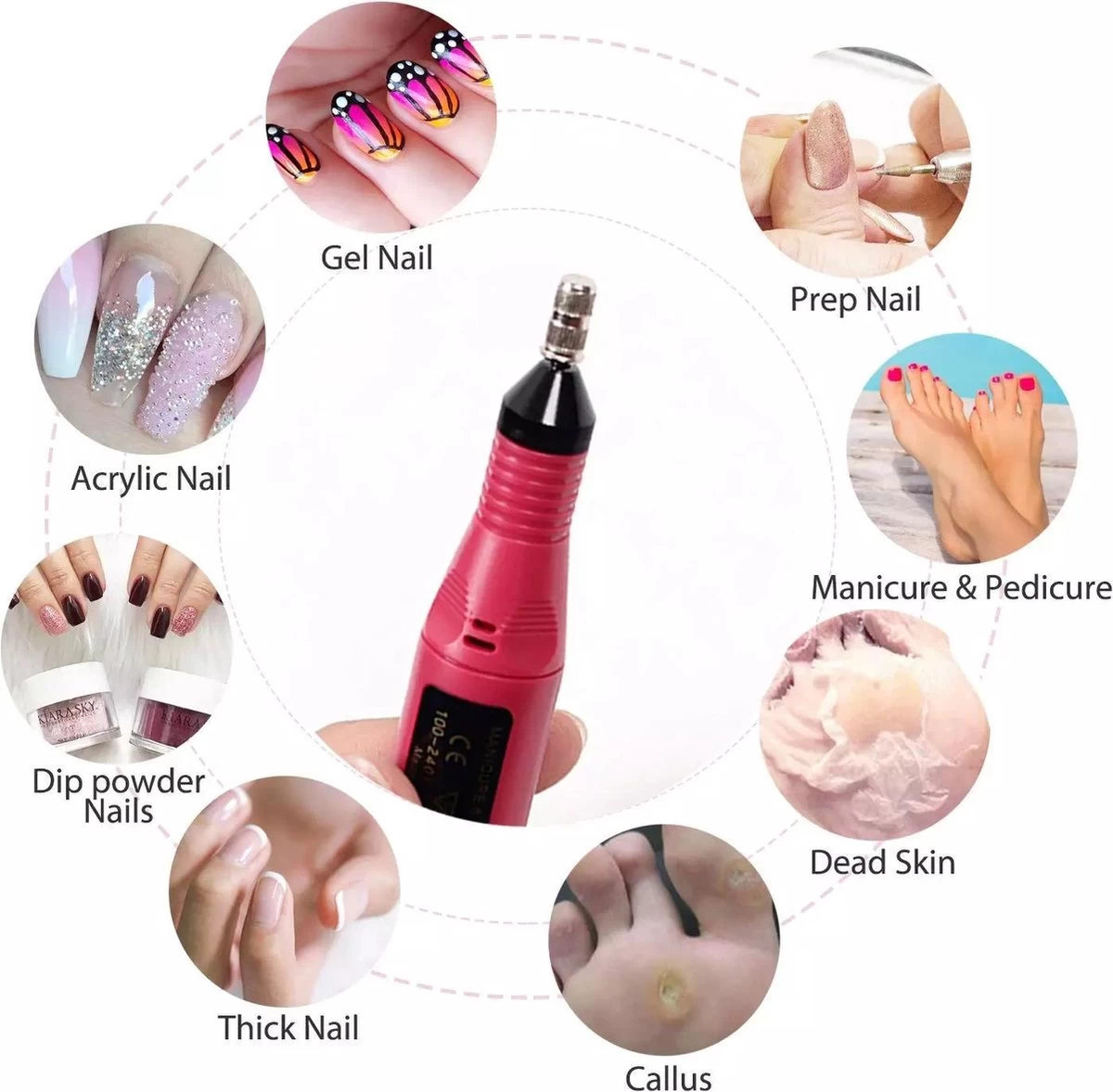 Royala - Manicure & Pedicure Set Elektrische Nagelvijl Nagelfrees - Nail Drill - Geschikt Voor Natuurlijke Nagels - Nepnagels - Gellak - Gelnagels - Acrylnagels - 6 Opzetstukken - Rood - Afbeelding 5