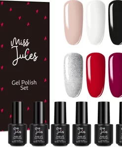 Miss Jules - 6-Delige Gellak Starterspakket - Nagellak - Kleur Rood, Zwart & Glitter - Glanzend & Dekkend Resultaat