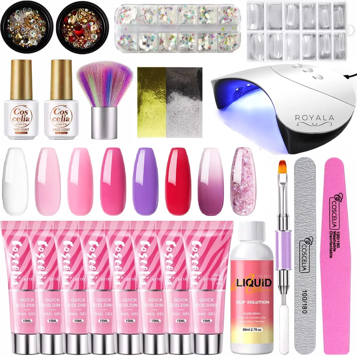 Royala POG4 Professionele Poly Gel Kit – Premium Quality – 8 Kleuren Polygel - Dual Molds Nagelvormen - Polygel Pakket - Topcoat Basecoat - Incl. 36 Watt LED Nageldroger - Poly Acryl Nagels - Nail Art Pakket - Starterspakket - Gel Lak