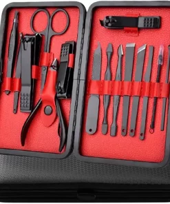 In Round Nagelset 16-delig Met Etui – Manicure Set – Pedicure Set - Staal – Zwart / Rood – Nagelsetje – Nagel Knipper – Nagelknipper – Manicureset – Nagelschaar – Pedicureset – Nagelverzorging – Nageltang – Nail Clipper