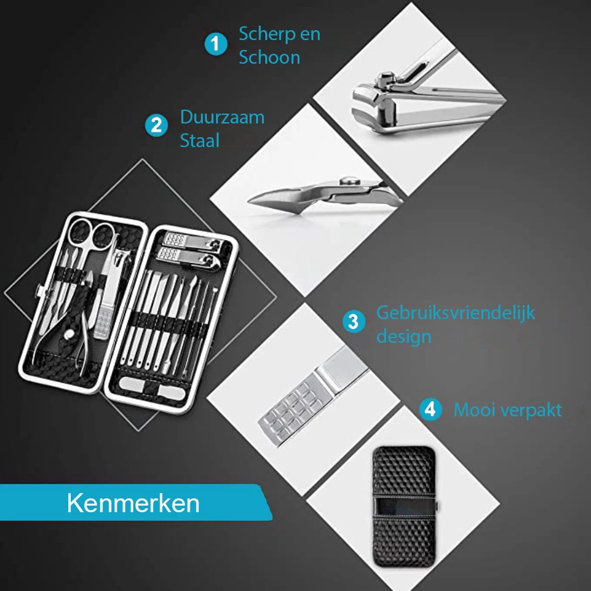 Nagelknipper Set – 18-Delige Pedicure En Manicure Sets Nagelaccessoires – Nagelset – Nagelverzorging Kit – Reisset Zwart - Afbeelding 4