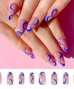 Merkloos Blauwe Lijntjes Nagels - Plaktabs - Plaknagels - Medium Lang