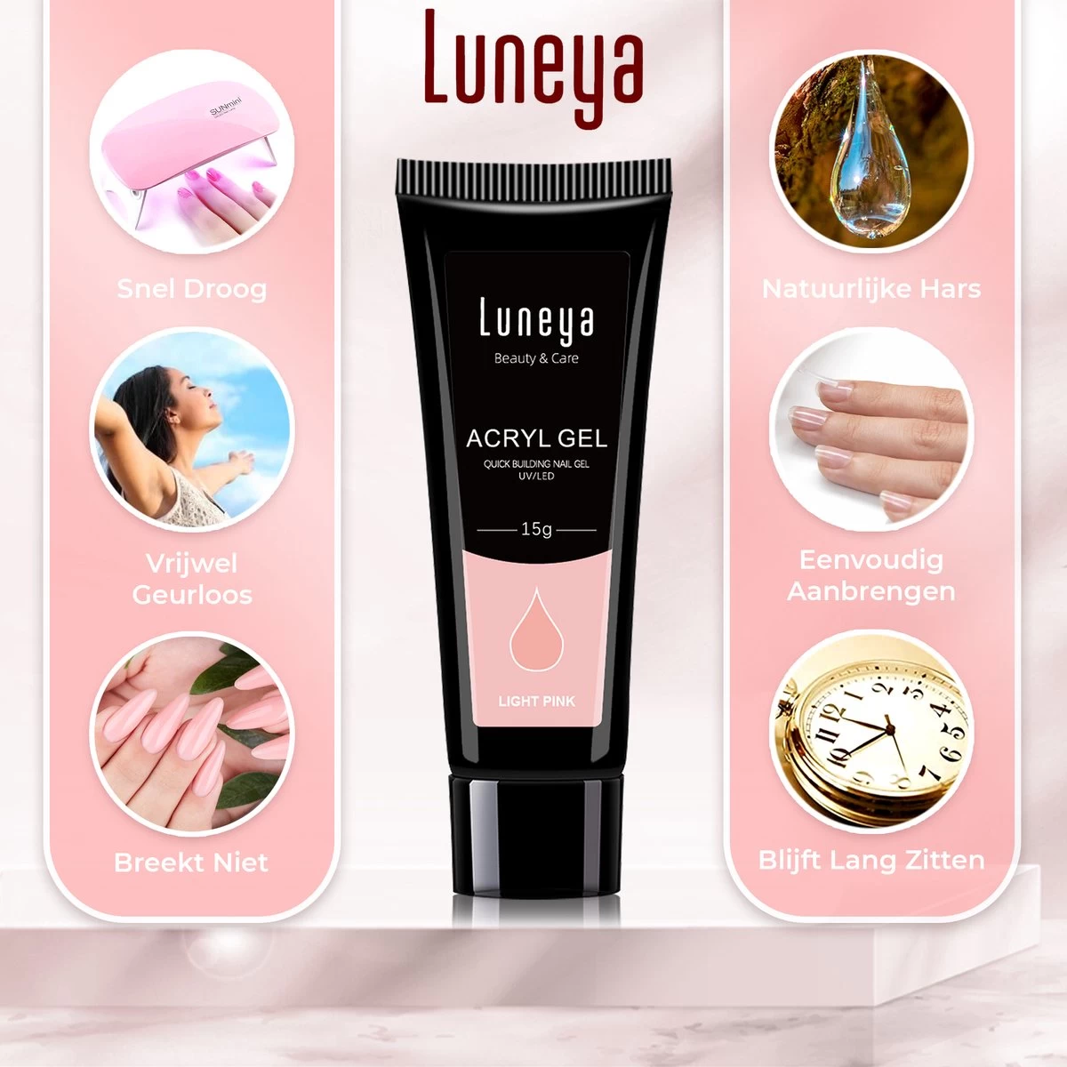 Luneya Polygel Kit - Black Pink Edition - 6 Kleuren - Polygel Nagels Starterspakket - Tasje - Incl. UV LED Lamp - Afbeelding 2
