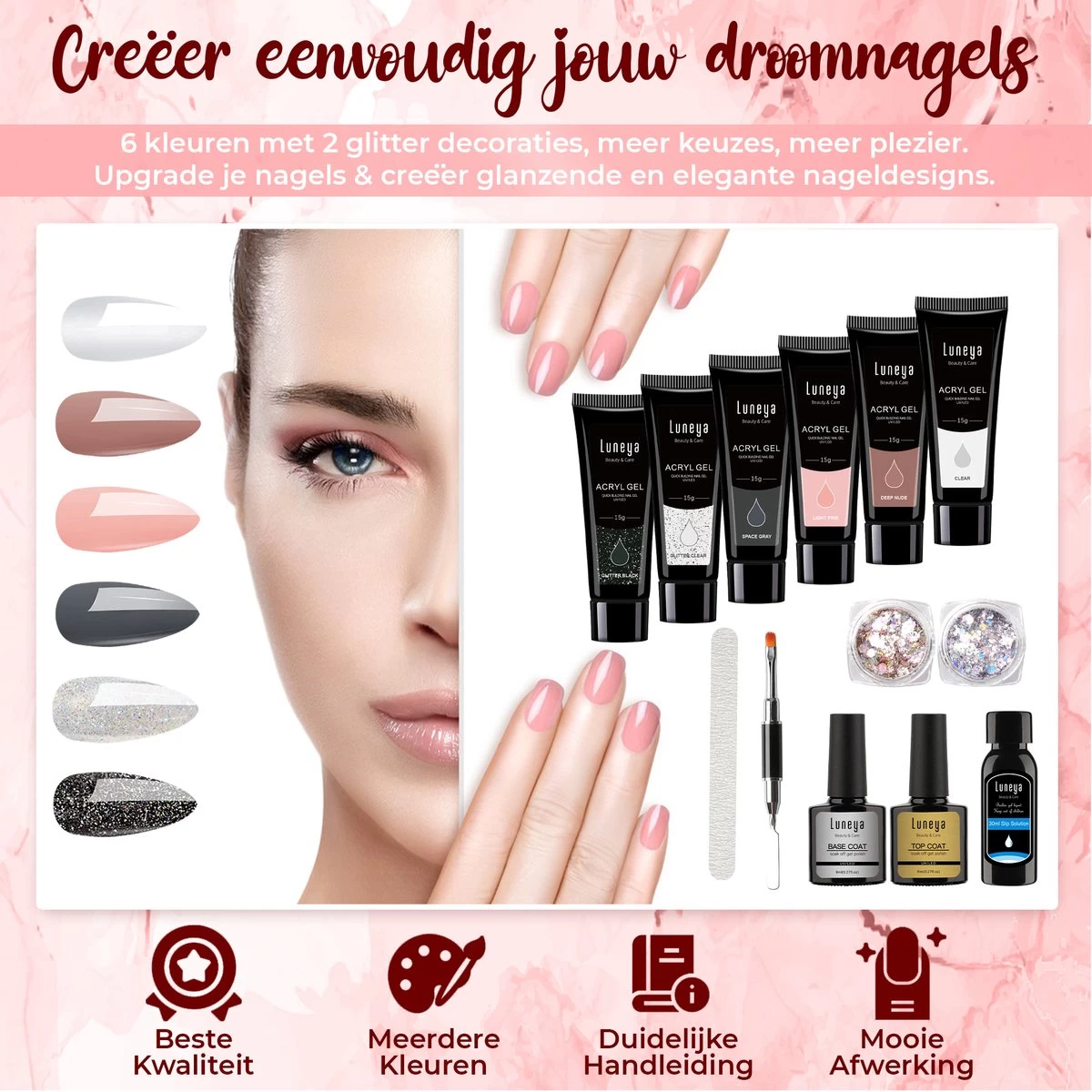 Luneya Polygel Kit - Black Pink Edition - 6 Kleuren - Polygel Nagels Starterspakket - Tasje - Incl. UV LED Lamp - Afbeelding 3