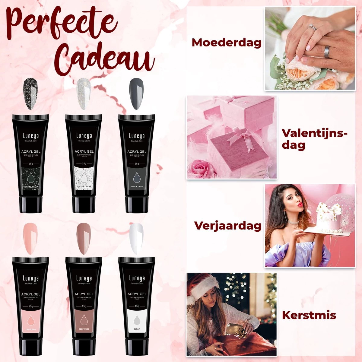 Luneya Polygel Kit - Black Pink Edition - 6 Kleuren - Polygel Nagels Starterspakket - Tasje - Incl. UV LED Lamp - Afbeelding 6