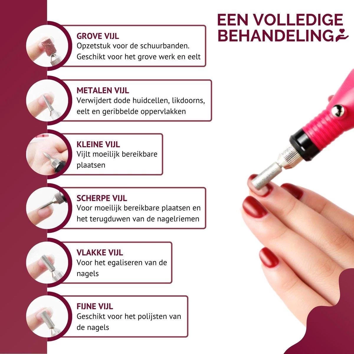 Royala - Manicure & Pedicure Set Elektrische Nagelvijl Nagelfrees - Nail Drill - Geschikt Voor Natuurlijke Nagels - Nepnagels - Gellak - Gelnagels - Acrylnagels - 6 Opzetstukken - Rood - Afbeelding 6