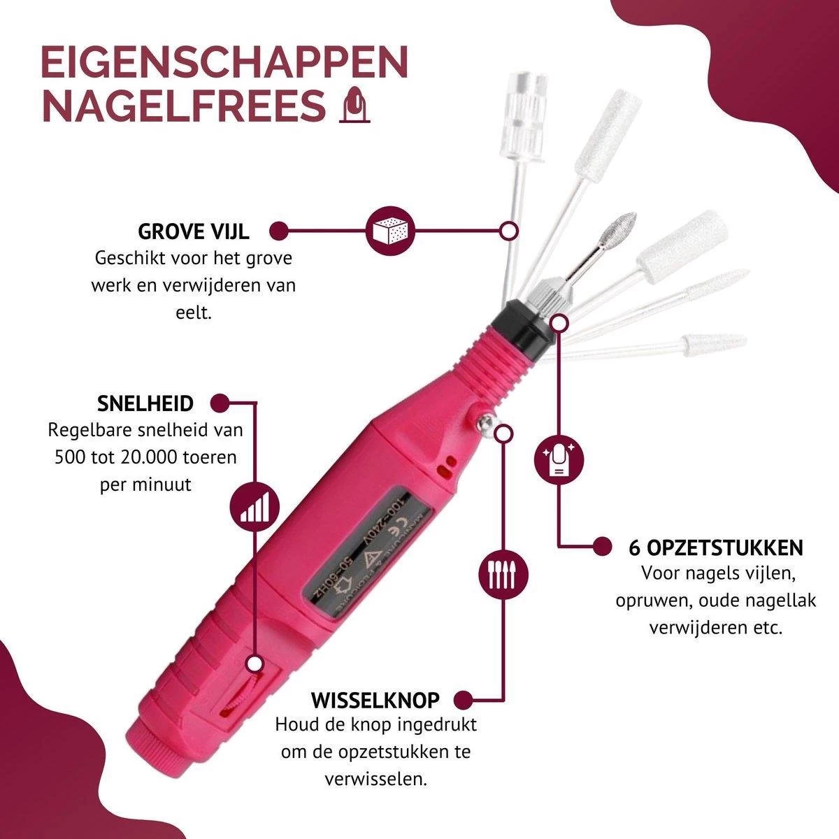 Royala - Manicure & Pedicure Set Elektrische Nagelvijl Nagelfrees - Nail Drill - Geschikt Voor Natuurlijke Nagels - Nepnagels - Gellak - Gelnagels - Acrylnagels - 6 Opzetstukken - Rood - Afbeelding 7