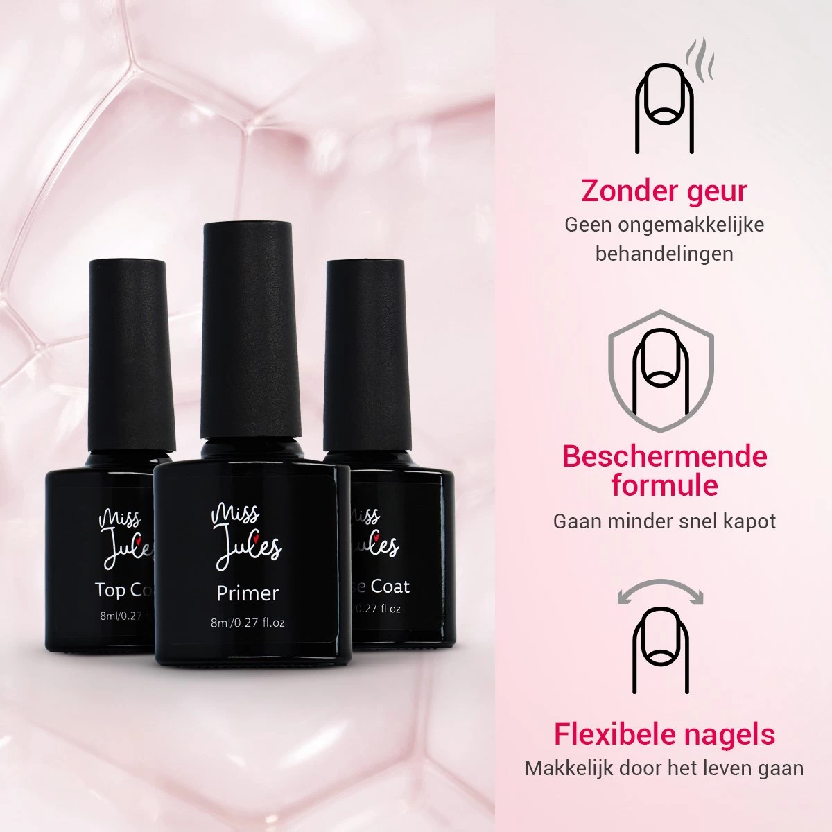 Miss Jules® Base & Top Coat & Primer 24 Ml - Gellak - Goede Aanhechting - Blijvend Glanzende Nagels - Afbeelding 4