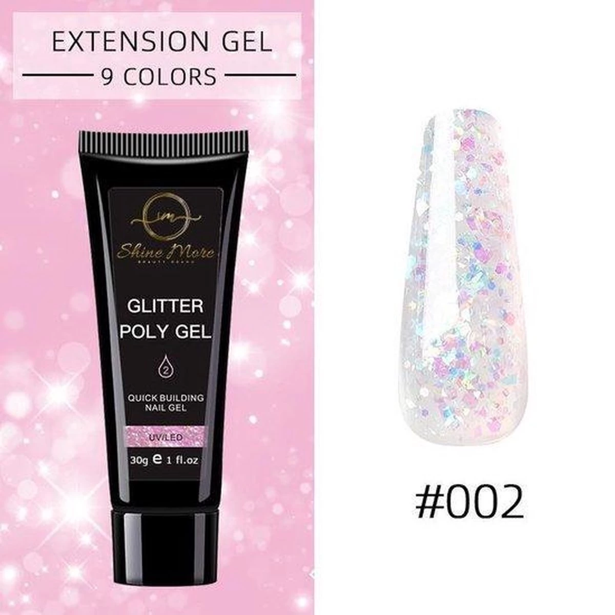 Shinemore ® Poly Gel Kit - Gellak Starters Pakket Incl. UV Nageldroger - 3 Kleuren Polygel - Nageltips - Top & Base Coat - Nageldroger - Poly Acryl Nagels - Polygel Set - White Glitter , Pink Glitter , Blue Glitter - Afbeelding 9