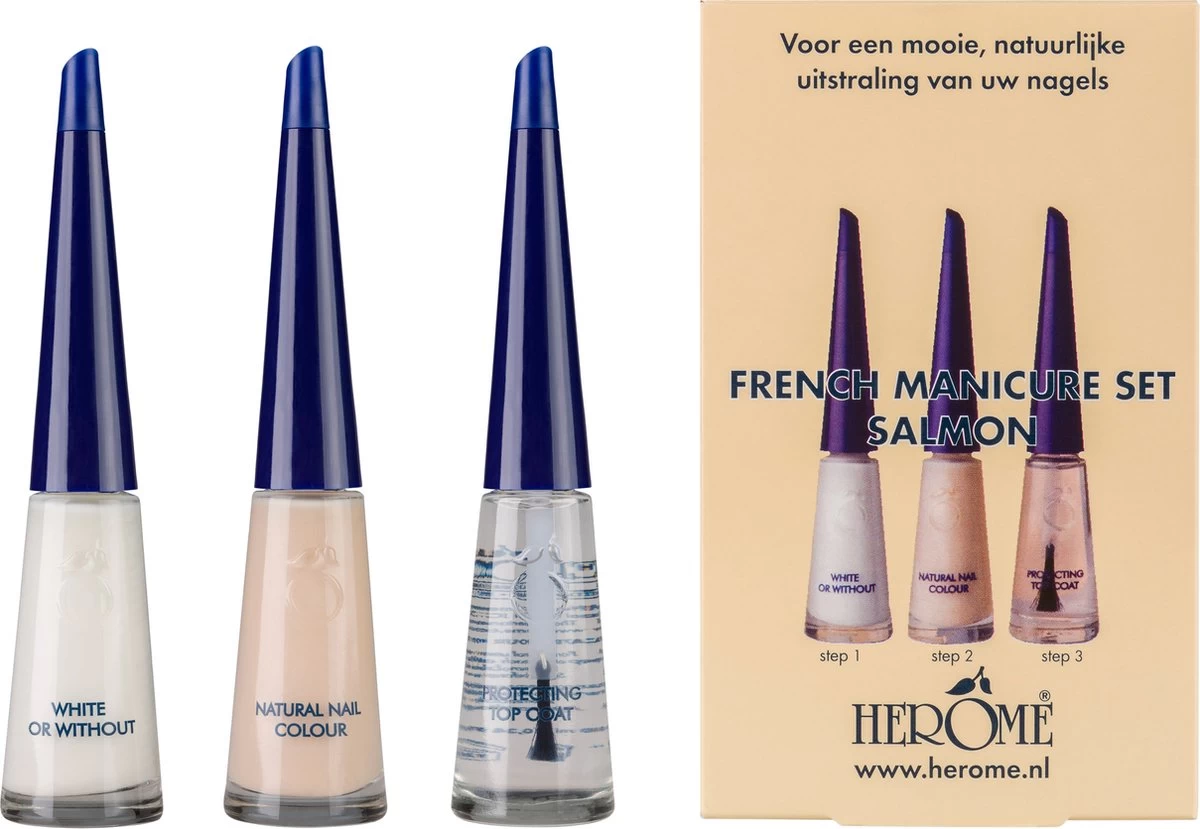 Herome French Manicure Set Salmon - Complete Set In 3 Stappen Een French Manicure - Met Een Salmon Kleurlak, Een Witte Nagellak Voor De Nagelranden En Een Top Coat - 3x10ml.