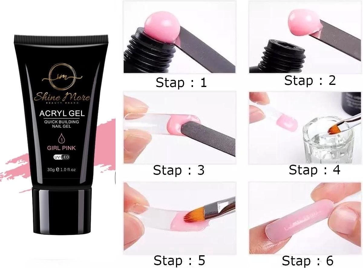 Shinemore ® Poly Gel Kit - Gellak Starters Pakket Incl. UV Nageldroger - 3 Kleuren Polygel - Nageltips - Top & Base Coat - Nageldroger - Poly Acryl Nagels - Polygel Set - White Glitter , Pink Glitter , Blue Glitter - Afbeelding 4