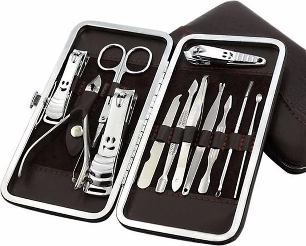 Merkloos Manicure & Pedicure Set - Uitgebreide 12-Delige RVS Nagel Gezicht Verzorging Set - Reisset Met Nagelknippers - Nageletui Manicureset Pedicureset Nagel Verzorging Nagelriem Trimmer Bokkenpoot & Nagelschaar - Met Lederen Etui