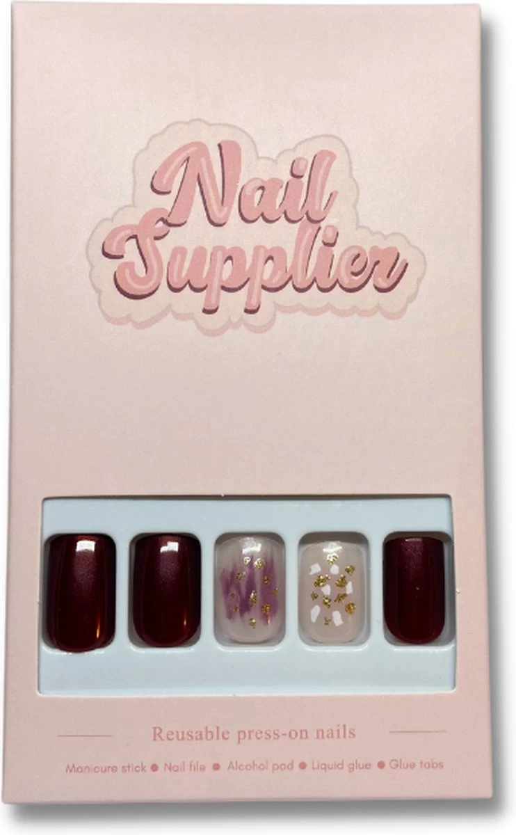 Nailsupplier 'Mushroom' | WINTERCOLLECTIE | Bordeaux Rode Nepnagels Met Print | Plaknagels | Kunstnagels Met Lijm | Press On Nails - Afbeelding 2